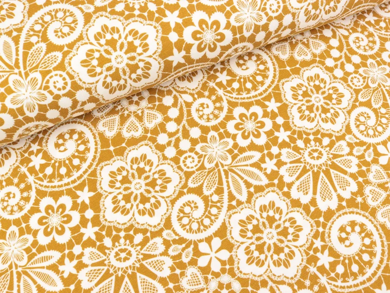 Reststück 46cm - Baumwolljersey Lace Spitzen weiß auf Ocker