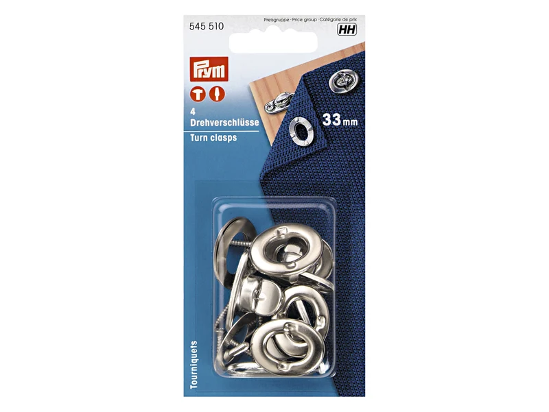 Prym 545510 Drehverschlüsse 33mm messing edelstahl silberfarbig - 4 Stück