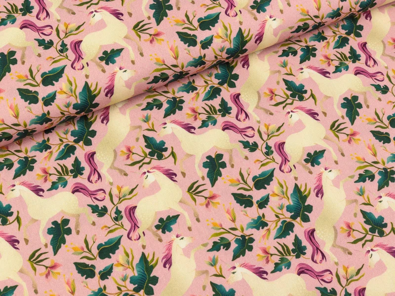 Reststück 15cm - Baumwoll Webware Kim Einhörner bunt auf Rosa