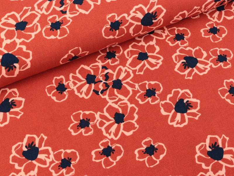 Reststück 35cm - Stretch Viskose Popelin Blumen bunt auf Coral