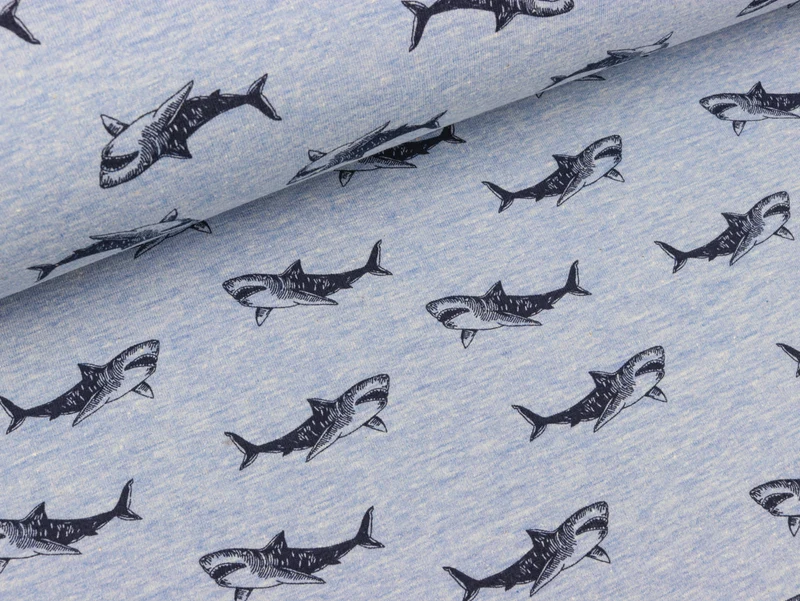 Reststück 37cm - Baumwollsweat Shark Attack dunkelblau-helles jeansblau meliert