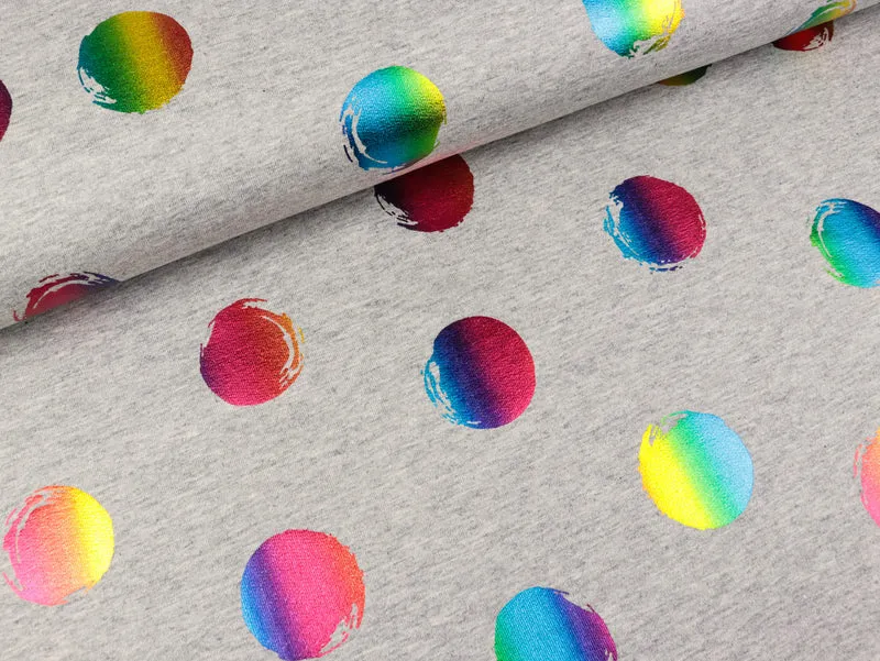 Reststück 11cm - French Terry Folienprint Dots bunt auf hellgrau meliert