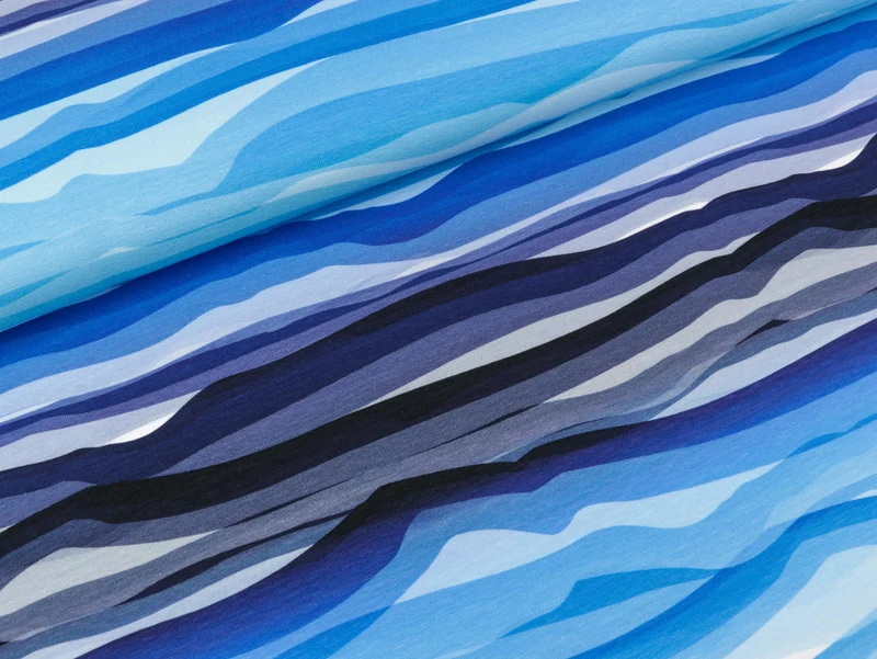 Reststück 24cm - Baumwolljersey Wavy Stripes tiefblau-royalblau-türkis by Lycklig Design
