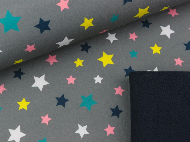 Reststück 15cm - Softshell Stars bunt auf Dunkelgrau