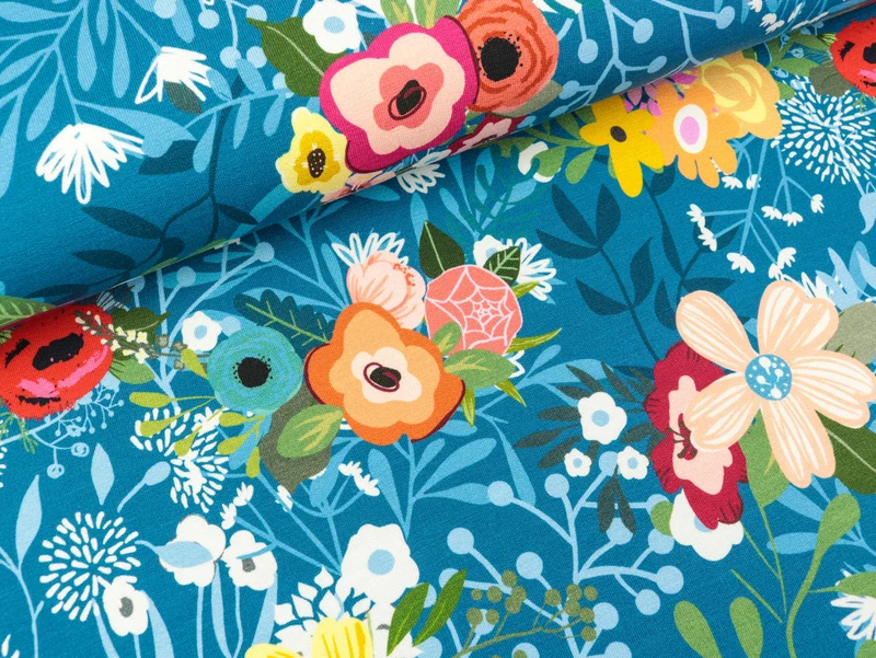 Reststück 22cm - Modalsweat Joana Blumenwiese bunt auf Blau