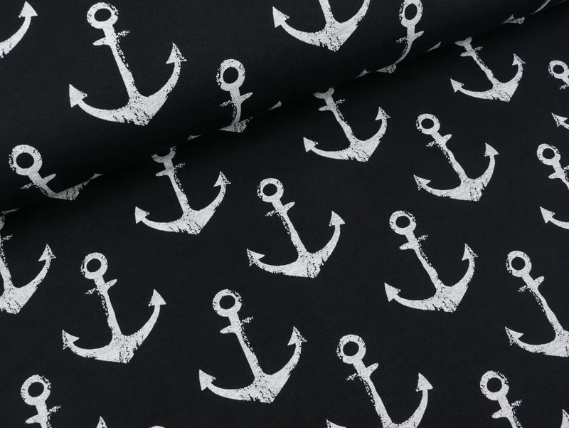 Reststück 26cm - French Terry Big Anchor hellgrau auf Nachtblau