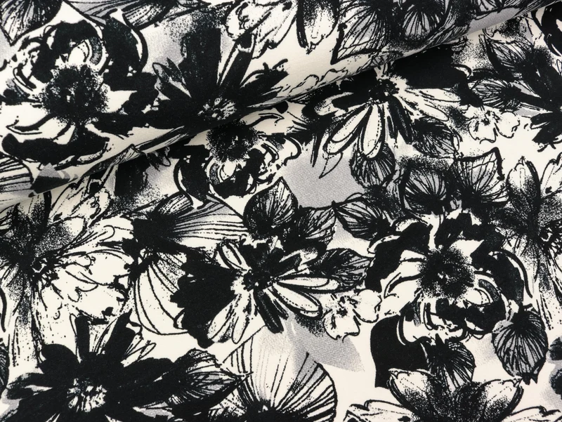 Reststück 32cm - Baumwollsweat Greta Blumen schwarz auf Creme