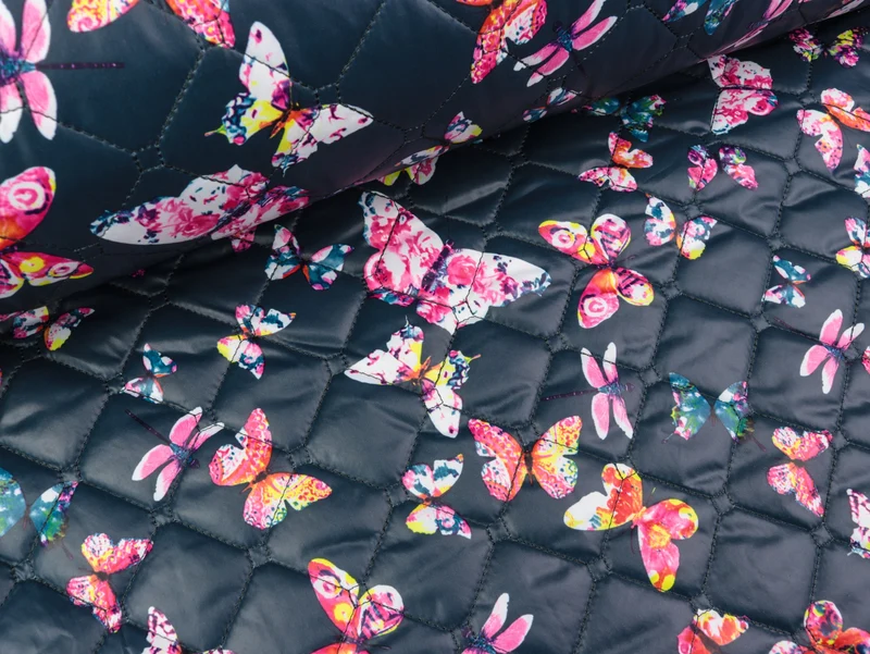 Reststück 29cm - Steppstoff Bunte Schmetterlinge auf Tiefblau