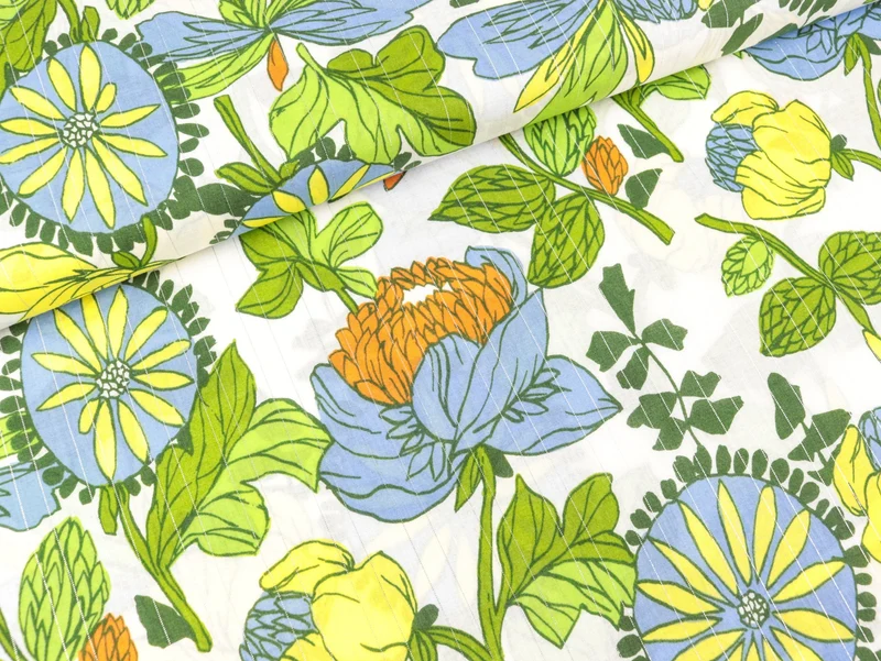 Reststück 45cm - Baumwoll Voile Dobby Lurex Blumen bunt auf Weiß