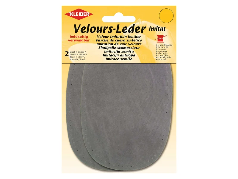 Kleiber 89701 Velours-Leder Imitat Flecken beidseitig verwendbar zum Annähen vorgelocht mittelgrau - ca. 15cm x 10cm - 2 Stück