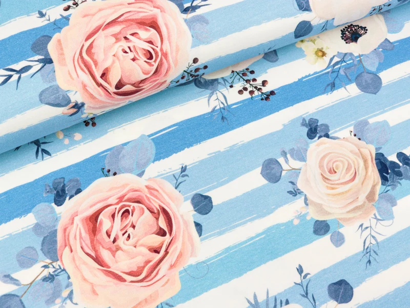 Reststück 27cm - Baumwolljersey Roses auf pastellblau-creme gestreift