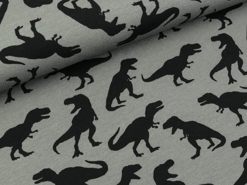 Reststück 27cm - Steinbeck Baumwolljersey Dinos Schwarze Dinosaurier auf Grau