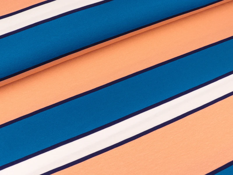 Reststück 38cm - Baumwolljersey Billy Blockstreifen royalblau-apricot-weiß-dunkelblau