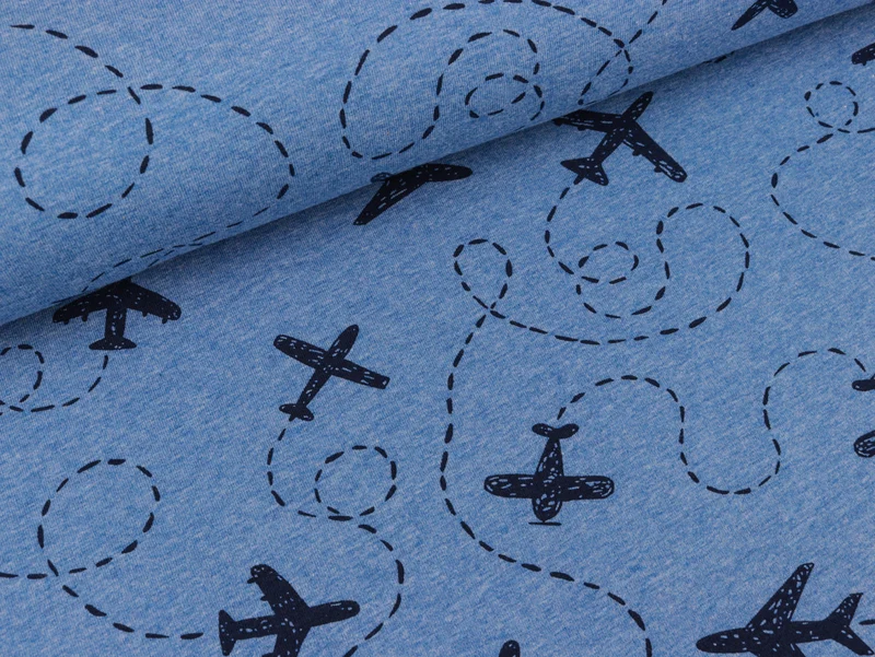 Reststück 32cm - Baumwolljersey Let's fly away jeansblau meliert