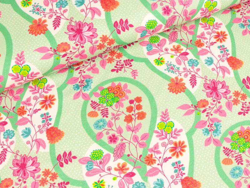 Reststück 42cm - Baumwolljersey Flora Blütenranken auf Hellgrün