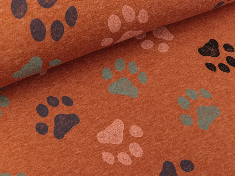 Reststück 25cm - Alpenfleece Eiger Tatzen bunt auf terracotta meliert