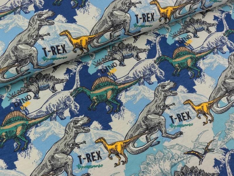 Reststück 15cm - Baumwolljersey T-Rex blue-bunt