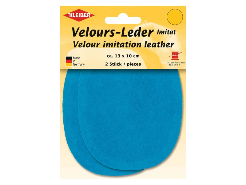 Kleiber 89648 Velours-Leder Imitat Flecken Klein zum Annähen vorgelocht mittelblau - ca. 13cm x 10cm - 2 Stück