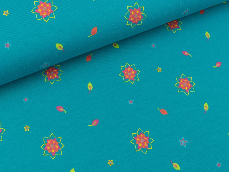 Reststück 23cm - Baumwolljersey Little Flowers bunt auf Türkis