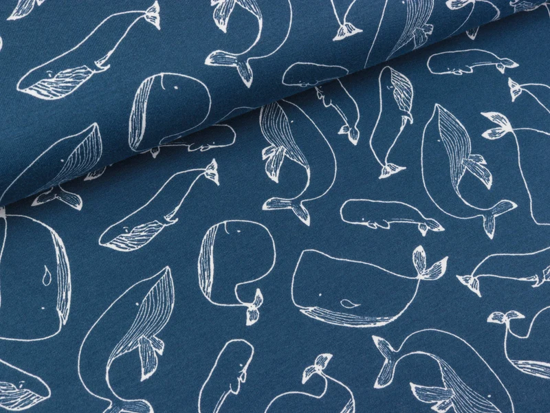 Reststück 23cm - Baumwolljersey Wale weiß auf Jeansblau