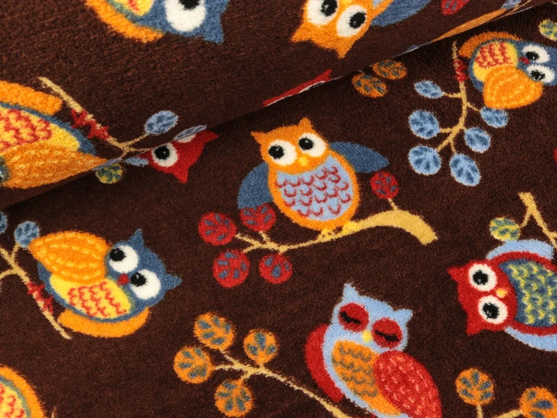 Reststück 13cm - Kuschelfleece Eulen auf dem Ast auf Dunkelbraun