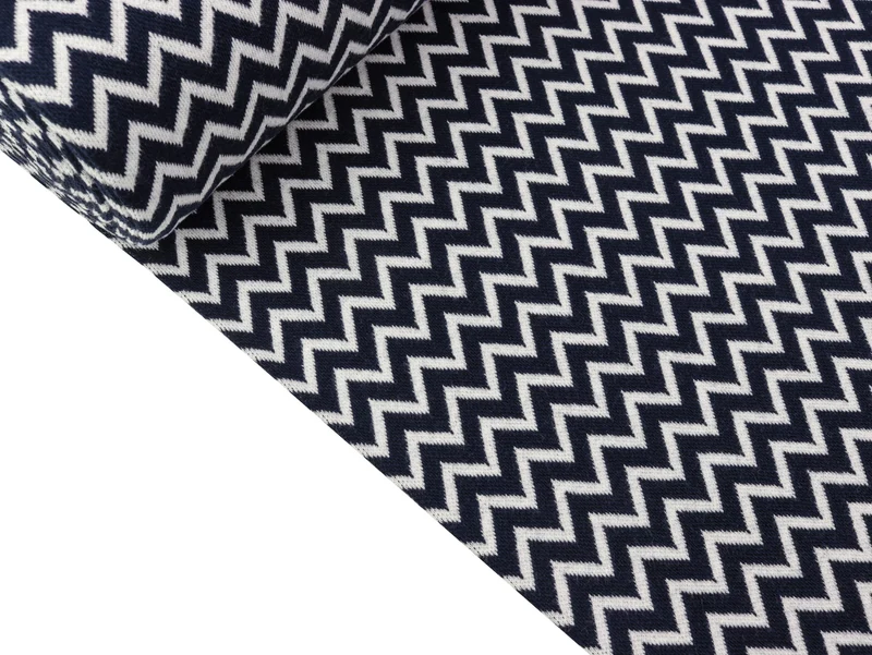 Reststück 12cm - Glatte Bündchenware Karla Chevron weiß - dunkelblau Schlauchware