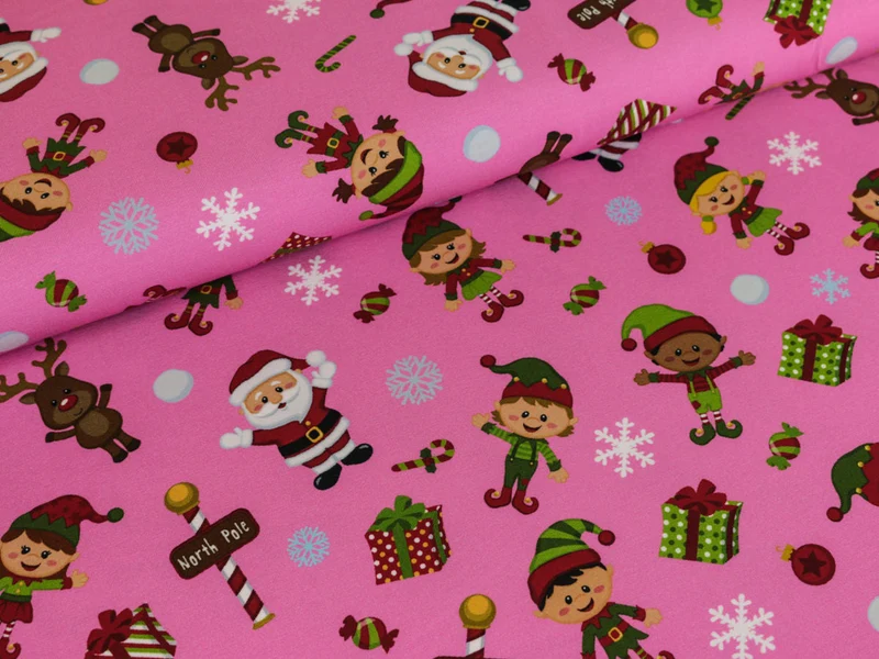 Reststück 35cm - Baumwolljersey Weihnachten am Nordpol pink/bunt