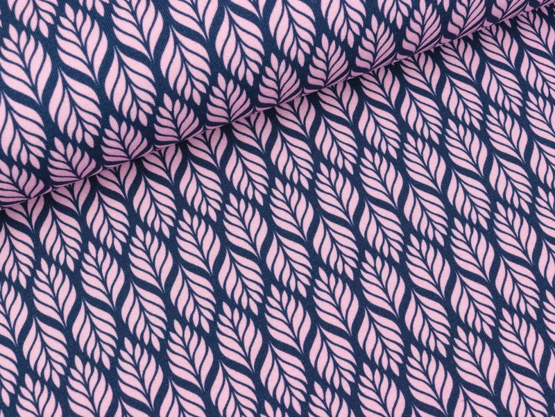 Reststück 20cm - Modalsweat Winter Blossom Blätter rosa auf Jeansblau by Lycklig Design