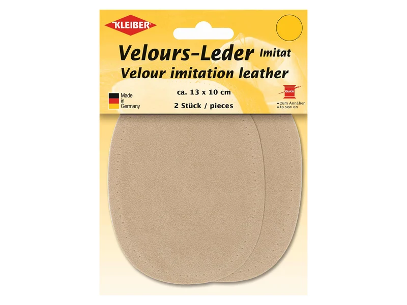 Kleiber 89611 Velours-Leder Imitat Flecken Klein zum Annähen vorgelocht sand - ca. 13cm x 10cm - 2 Stück