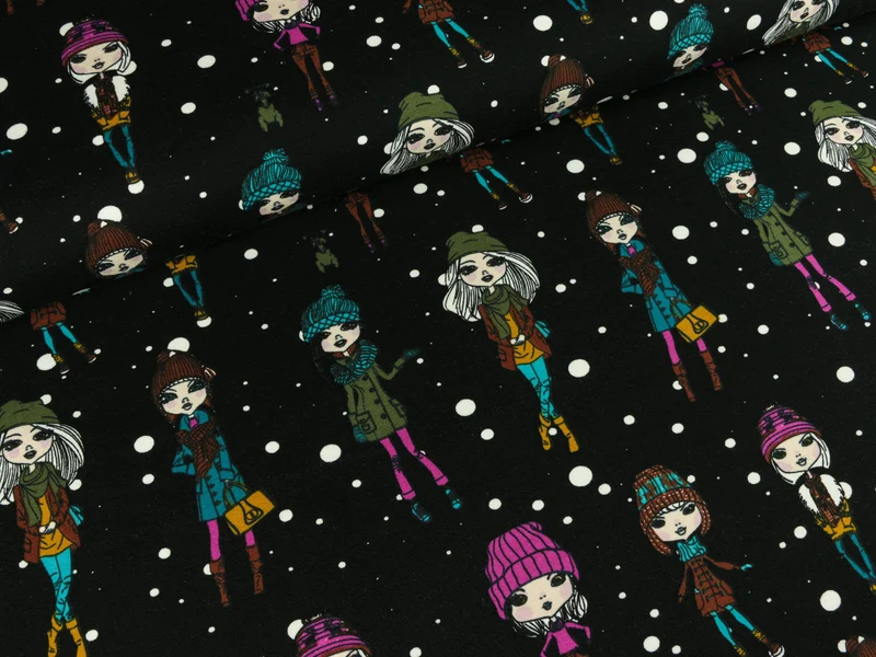 Reststück 45cm - Baumwolljersey Snowgirls schwarz-bunt