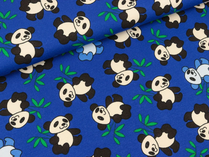 Reststück 17cm - Baumwolljersey Kleine Pandabären auf Blau