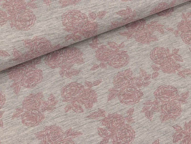 Reststück 35cm - Viscosejersey Romantic Roses altrosa auf hellgrau meliert