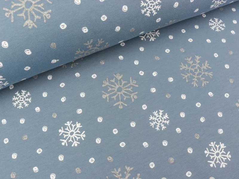 Reststück 23cm - Baumwollsweat Glitter Snow Schneeflocken weiß-silber auf Rauchblau