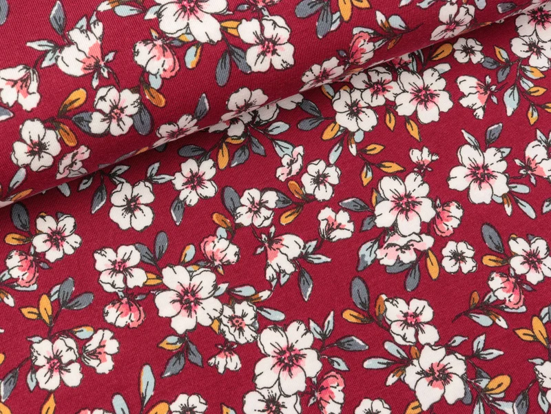 Reststück 30cm - Tencel Modaljersey Flowers bunt auf Dunkelrot