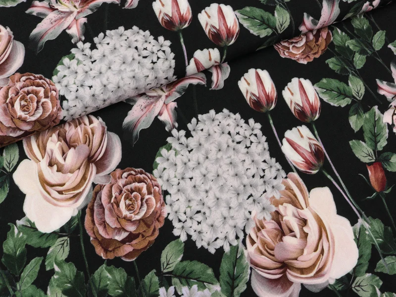 Reststück 28cm - Viskose Webware Fleur Blumenzauber bunt auf Schwarz