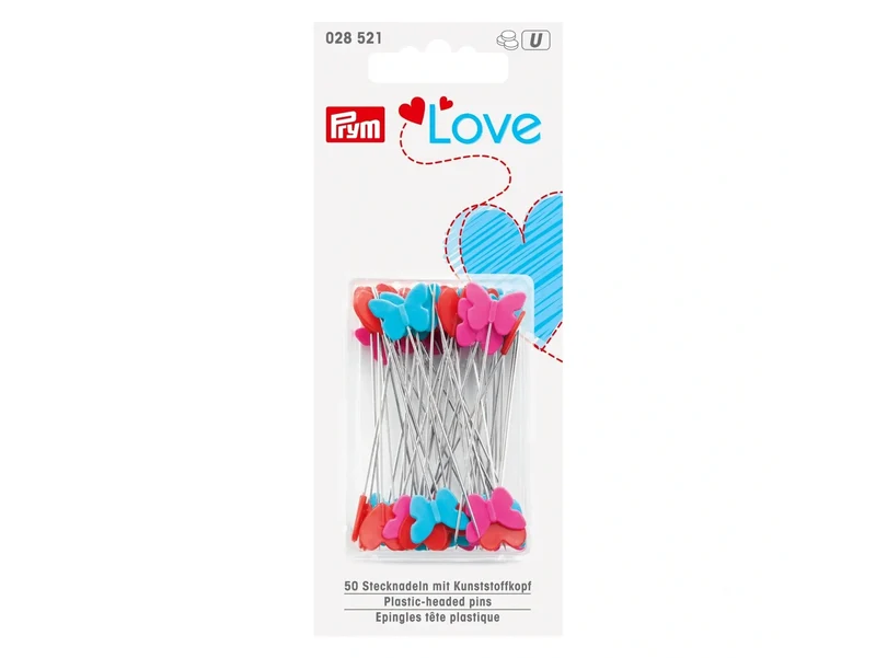 Prym Love 028521 Stecknadeln mit Herzen & Schmetterlingen Ø 0,6mm x 50mm - rot-türkis-pink - 50 Stück