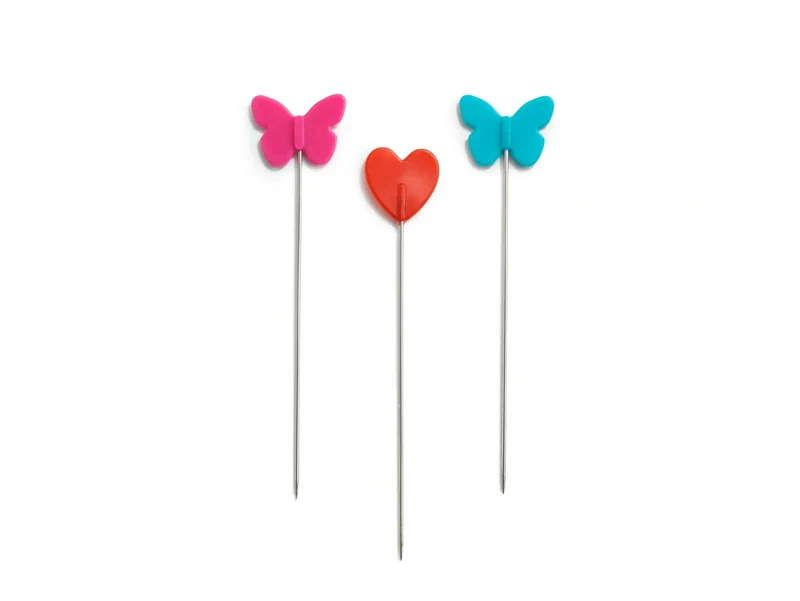 Prym Love 028521 Stecknadeln mit Herzen & Schmetterlingen Ø 0,6mm x 50mm - rot-türkis-pink - 50 Stück