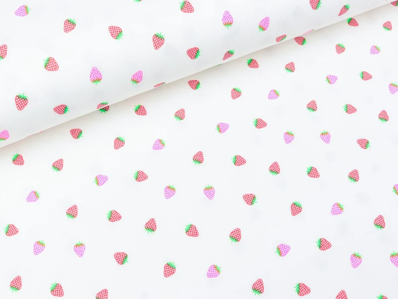 Reststück 48cm - Baumwolljersey Neon Print Kleine Erdbeeren auf Weiß