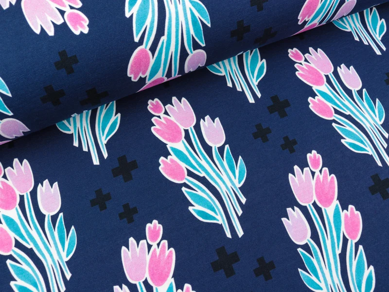 Reststück 37cm - Hamburger Liebe Baumwolljersey Life Loves You Bouquet blue navy-bunt