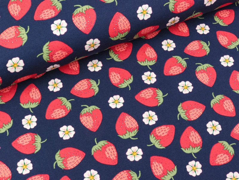 Reststück 15cm - Baumwolljersey Vintage Botanical Erdbeeren auf Dunkelblau