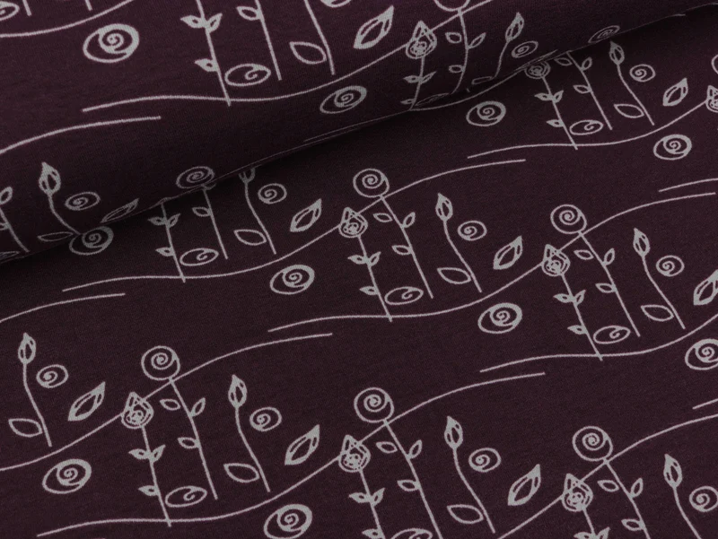 Reststück 25cm - Baumwolljersey Charlotte Blumenwiese hellgrau auf Aubergine