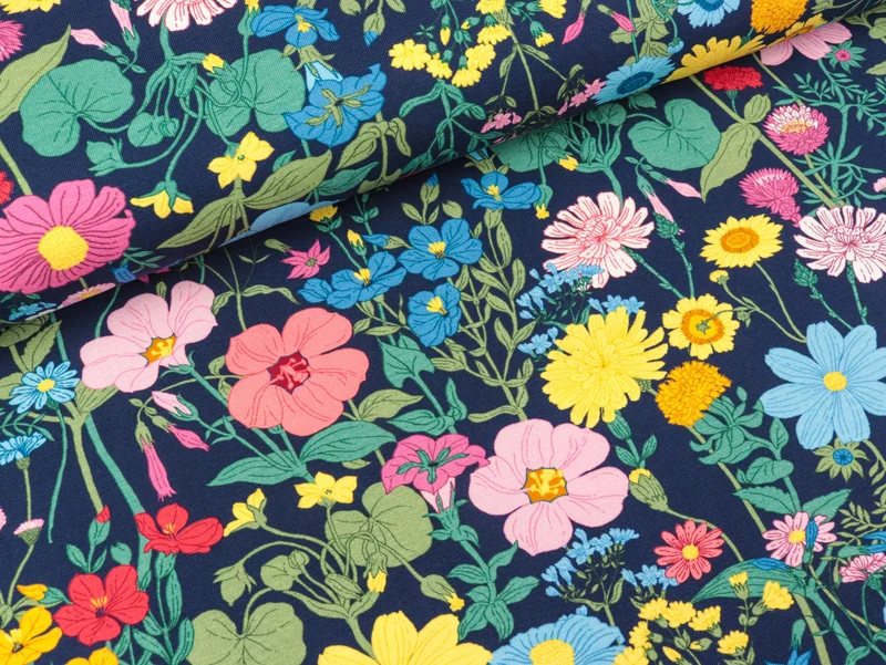 Reststück 20cm - Baumwolljersey Vintage Botanical Bunte Sommerwiese auf Dunkelblau