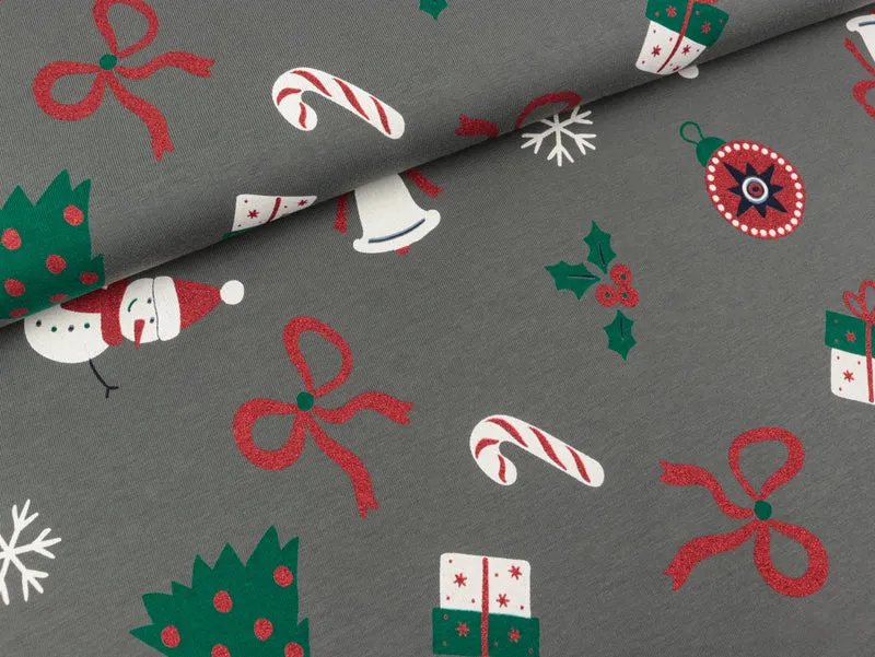 Reststück 43cm - Baumwolljersey Glitter Christmas bunt auf Grau
