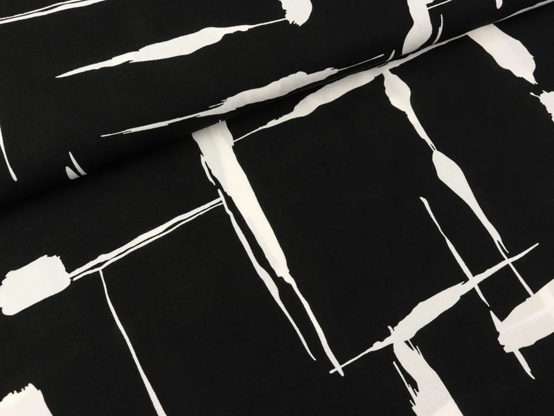 Reststück 14cm - Viskose Webware Chally Paint Stripes weiß auf Schwarz