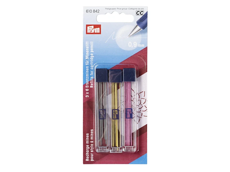 Prym 610842 3 x 6 Ersatzminen für Minenstift, ⌀ 0,9mm, extra fein, farblich sortiert, schwarz, gelb, pink