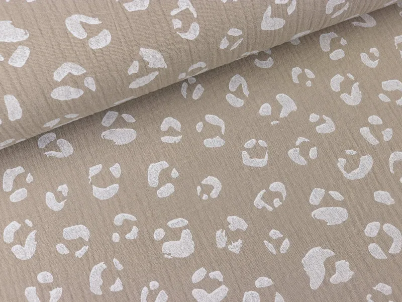 Baumwoll Double Gauze Panther weiß auf Beige