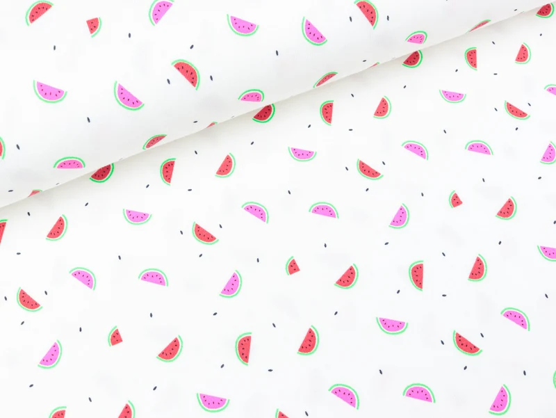 Reststück 12cm - Baumwolljersey Neon Print Kleine Melonen auf Weiß