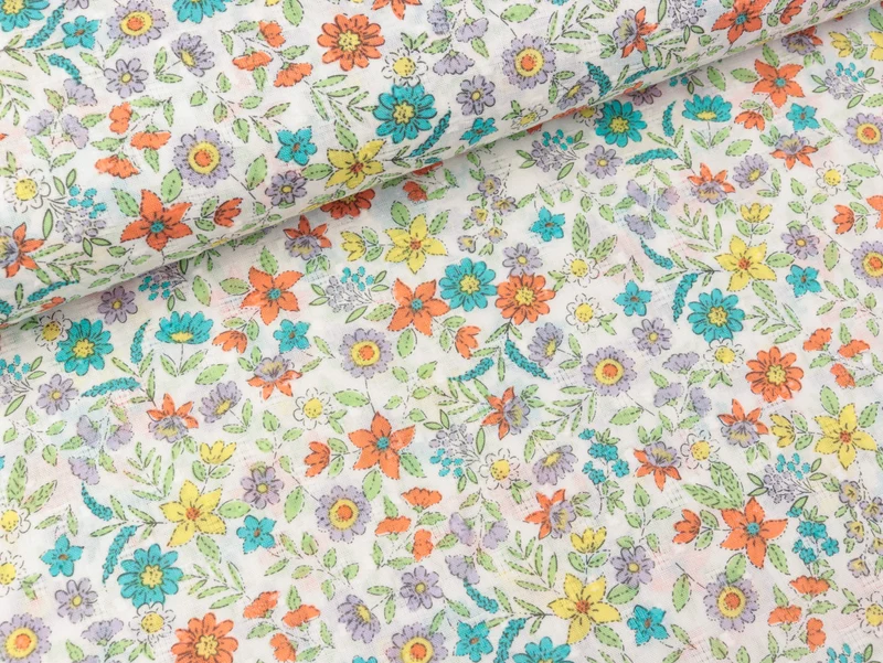 Baumwoll Webware Dobby Print Flowers bunt auf Weiß