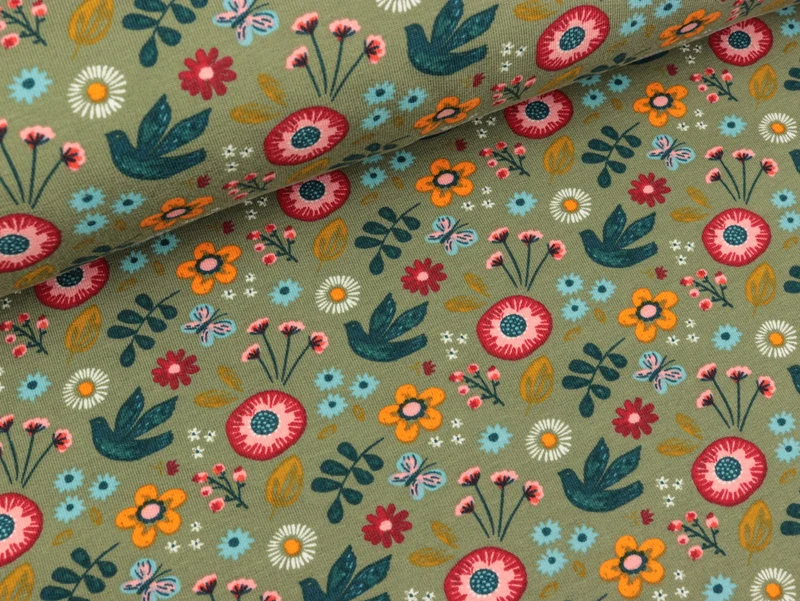 Reststück 25cm - French Terry Peace Flowers bunt auf Khaki