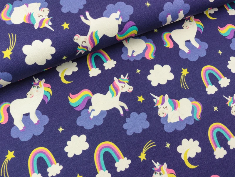 Reststück 17cm - Baumwolljersey Prinzessin Phantasie Regenbogen und Einhörner bunt auf Dunkelblau